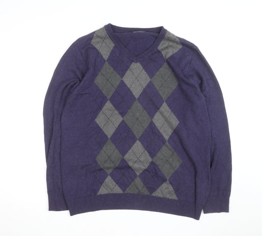 Maine New England Men's Purple Argyle V-Neck Cotton Jumper Medium