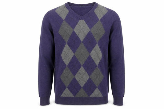 Front view of Maine New England Men's Purple Argyle V-Neck Cotton Jumper Medium