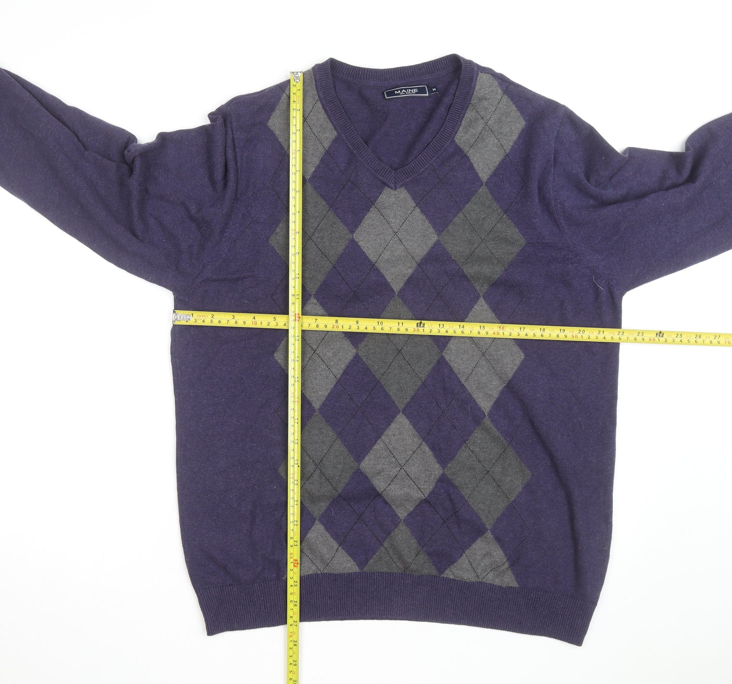 Maine New England Men's Purple Argyle V-Neck Cotton Jumper Medium