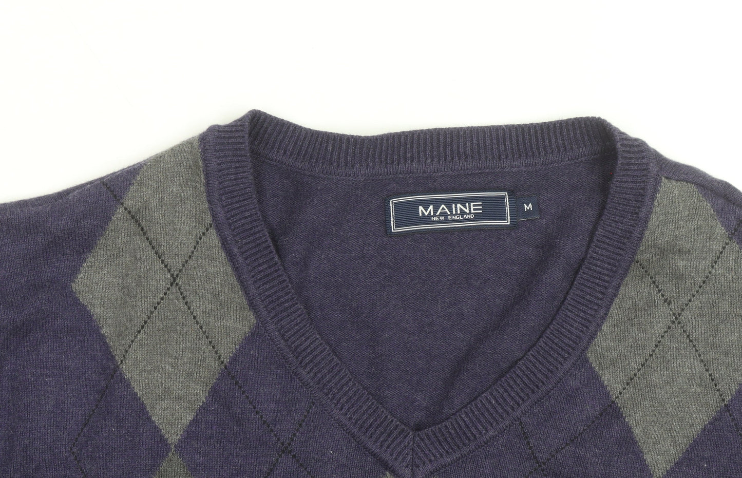 Maine New England Men's Purple Argyle V-Neck Cotton Jumper Medium