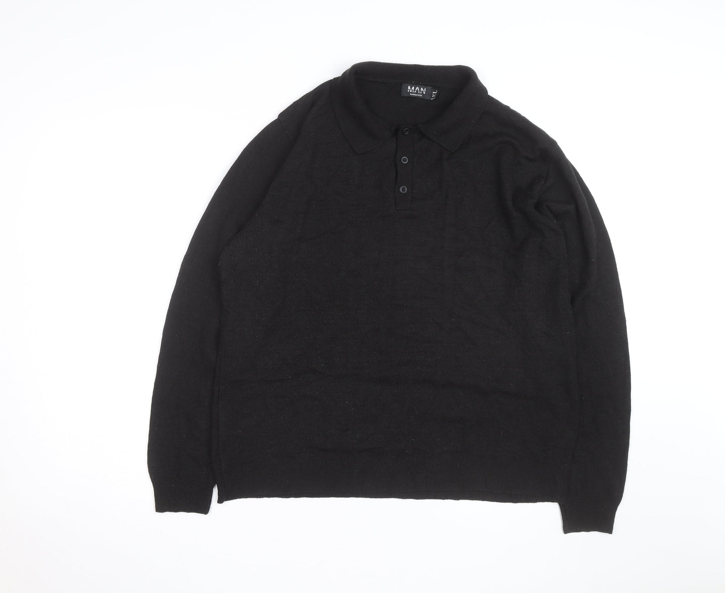 BoohooMAN Men's Black XL Long Sleeve Collared Knit Polo Shirt