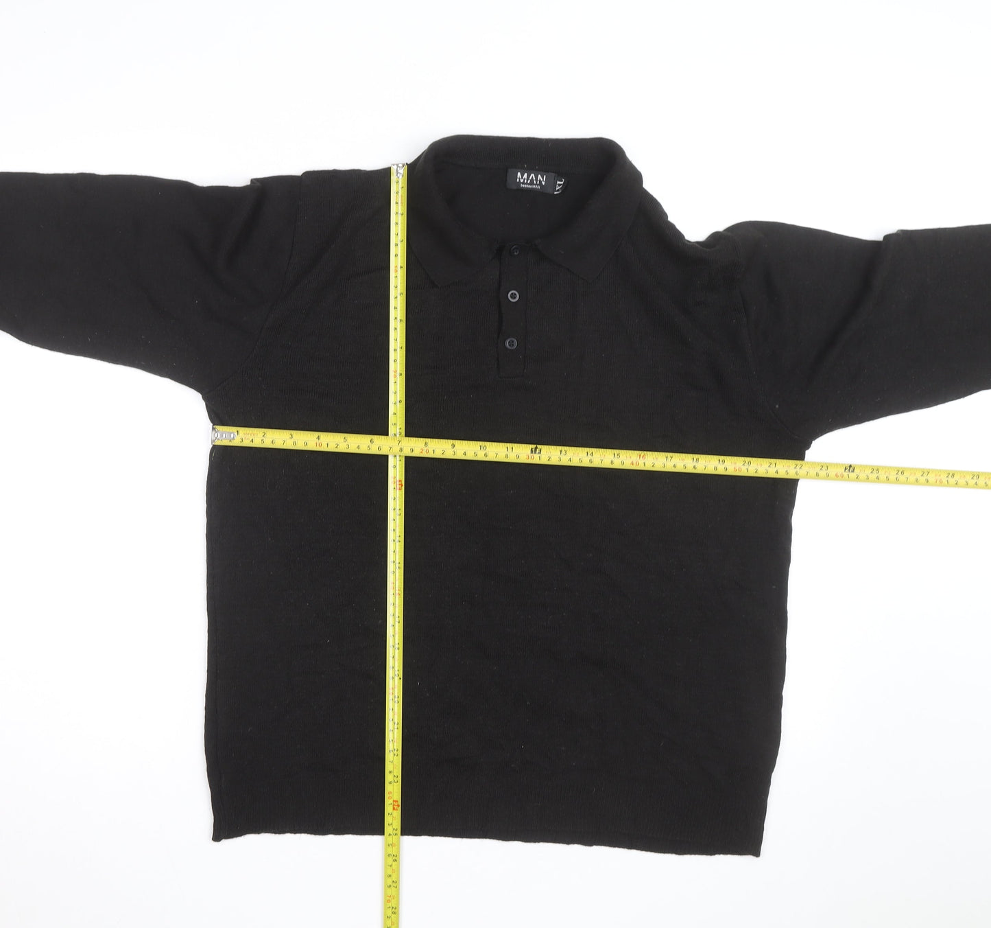 BoohooMAN Men's Black XL Long Sleeve Collared Knit Polo Shirt