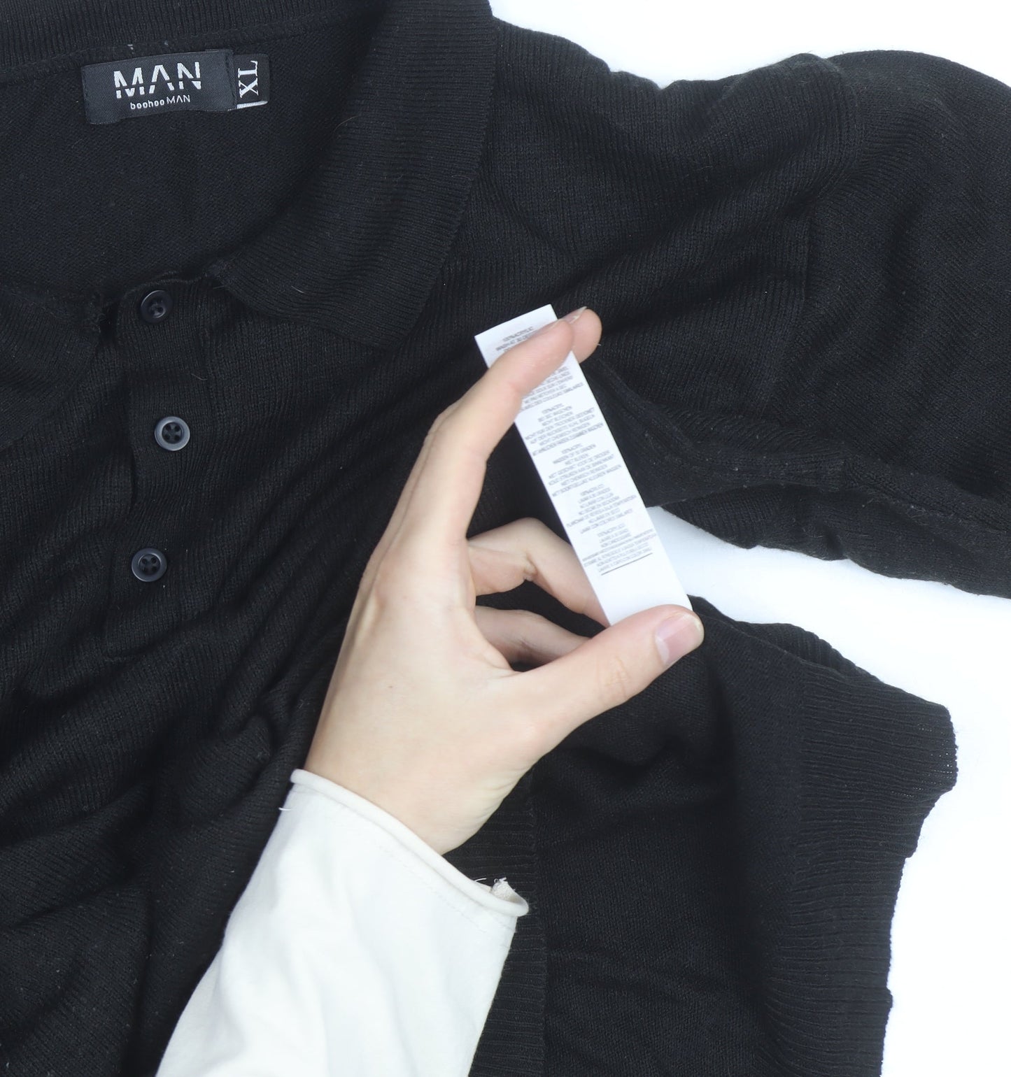 BoohooMAN Men's Black XL Long Sleeve Collared Knit Polo Shirt