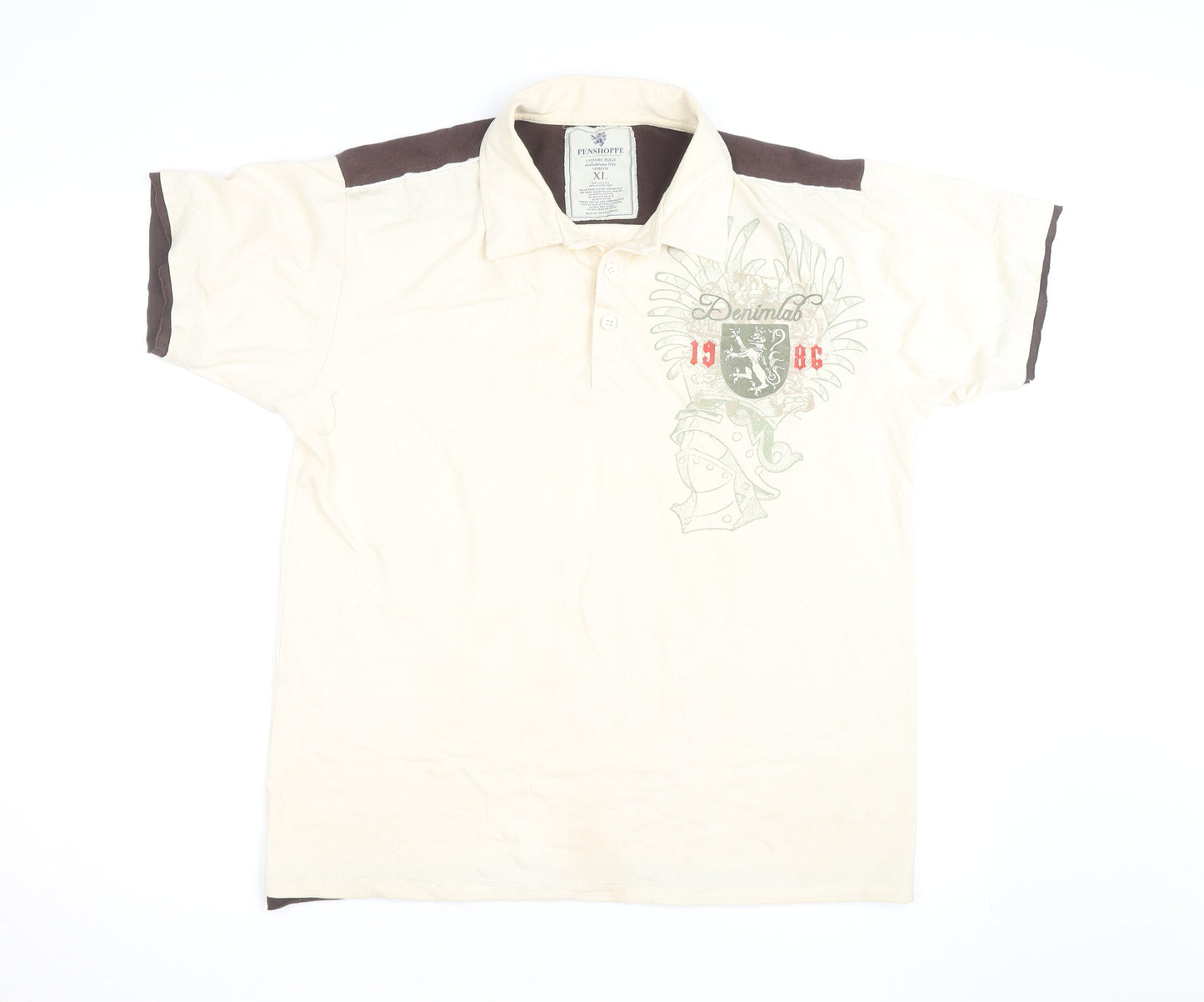 Penshoppe Men's Beige Graphic Polo Shirt XL Slim Fit Casual