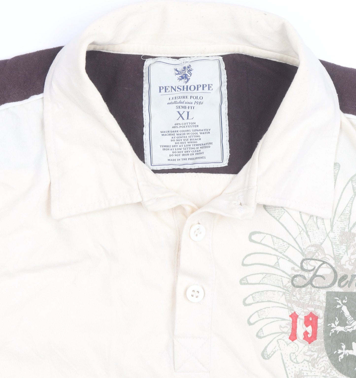 Penshoppe Men's Beige Graphic Polo Shirt XL Slim Fit Casual