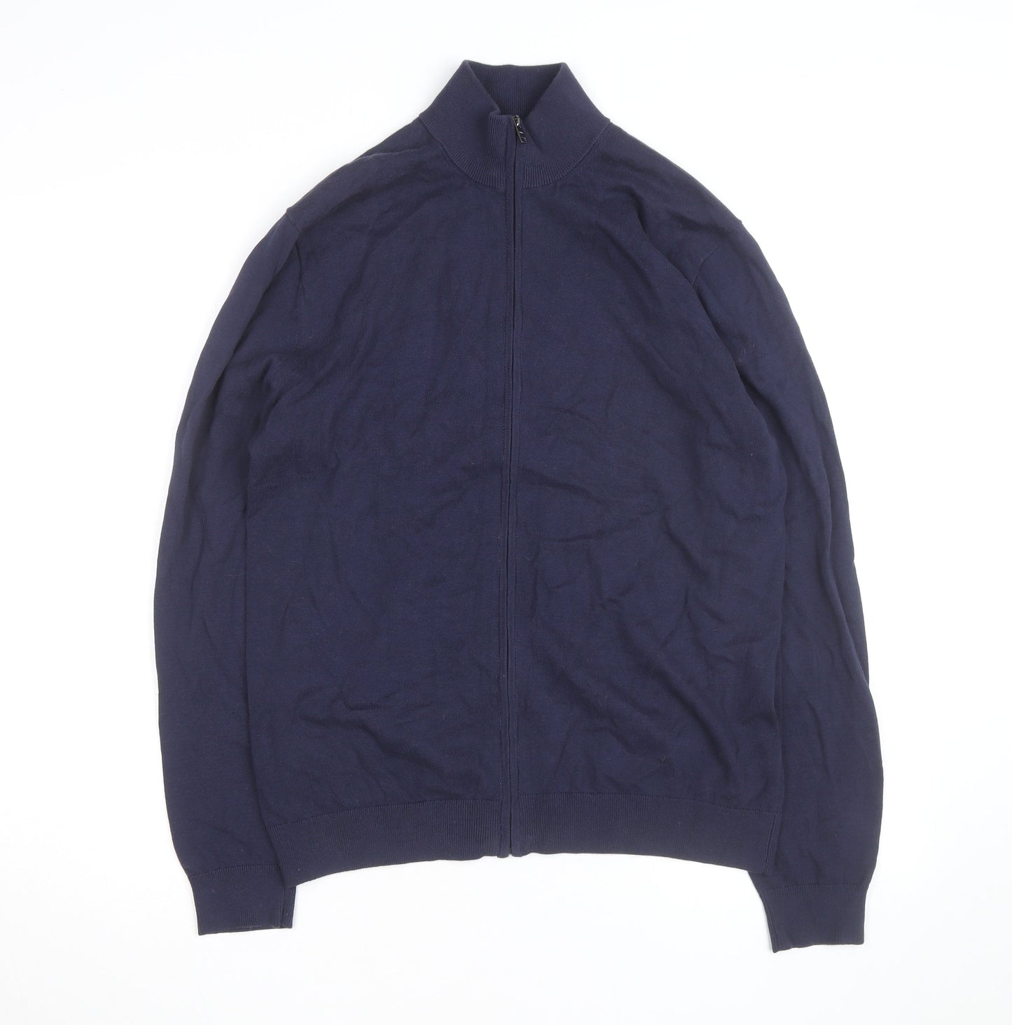 MNG Men’s Blue Full Zip Cotton Jumper Size M Mock Neck