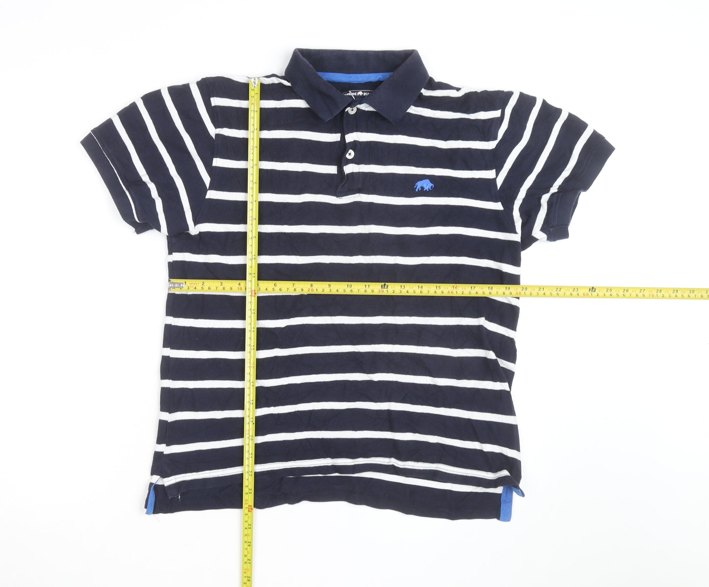 Raging Bull Men's Navy Blue Striped Cotton Polo Shirt Size M