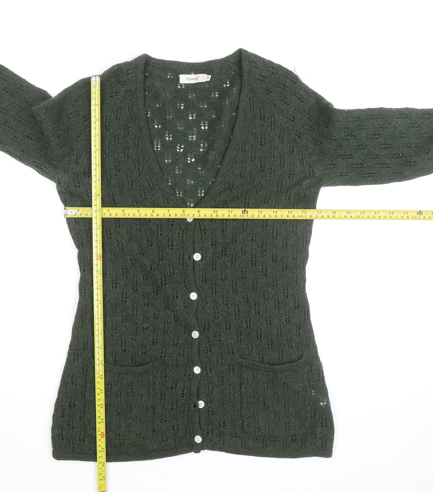 Howies Women Green Lambswool Open Knit Cardigan Size 10