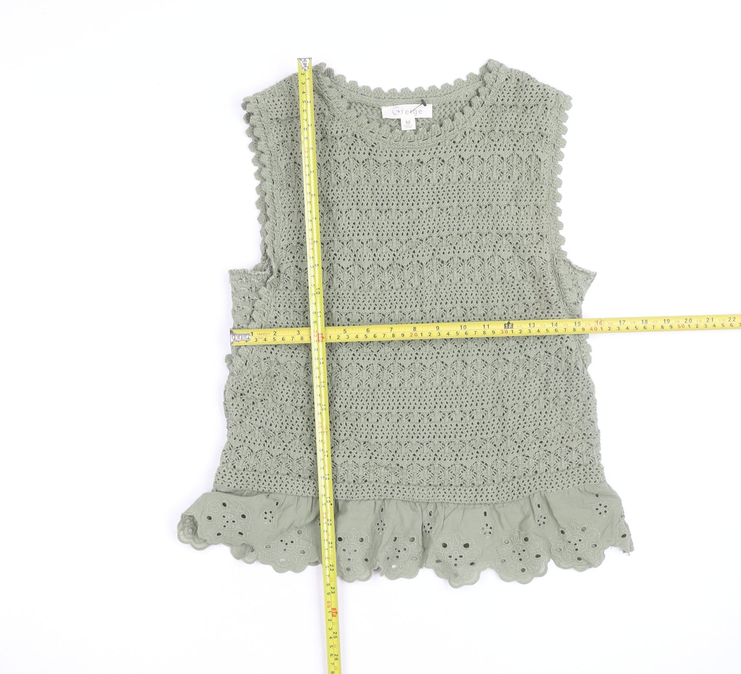 Greige Women Green Crochet Sleeveless Knit Cotton Vest M