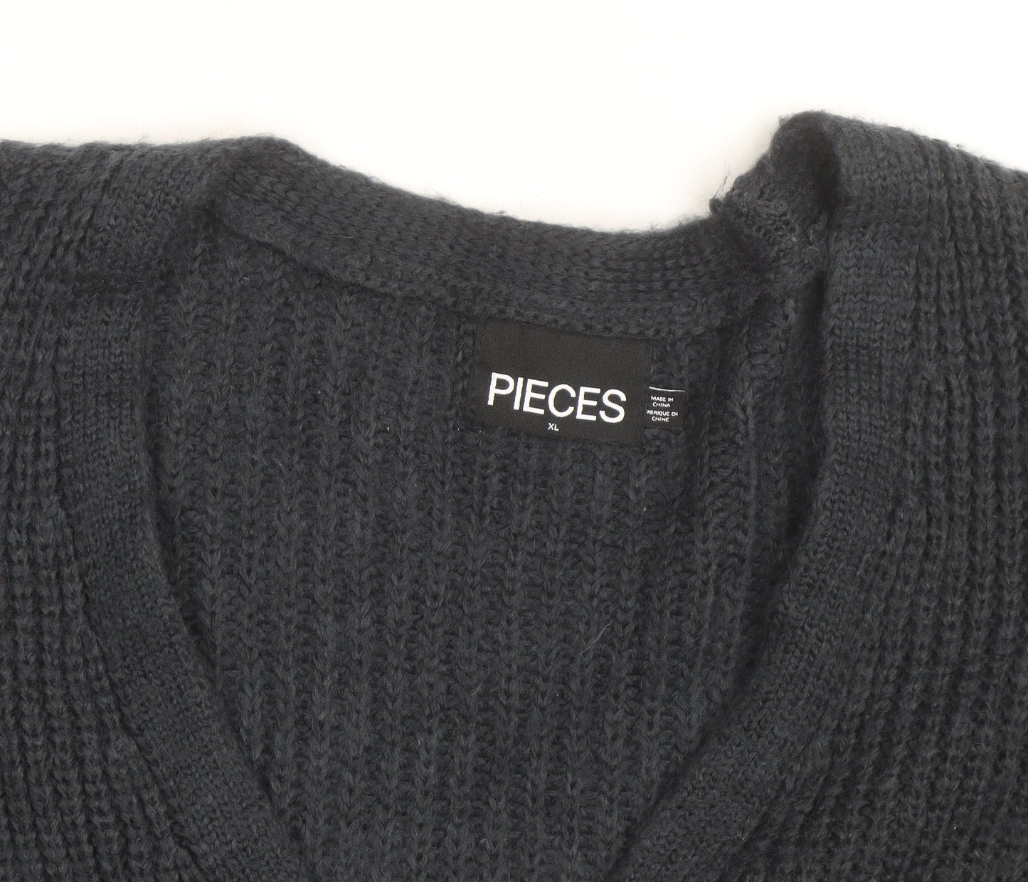 PIECES Unisex Black XL Chunky Knit V-Neck Cardigan