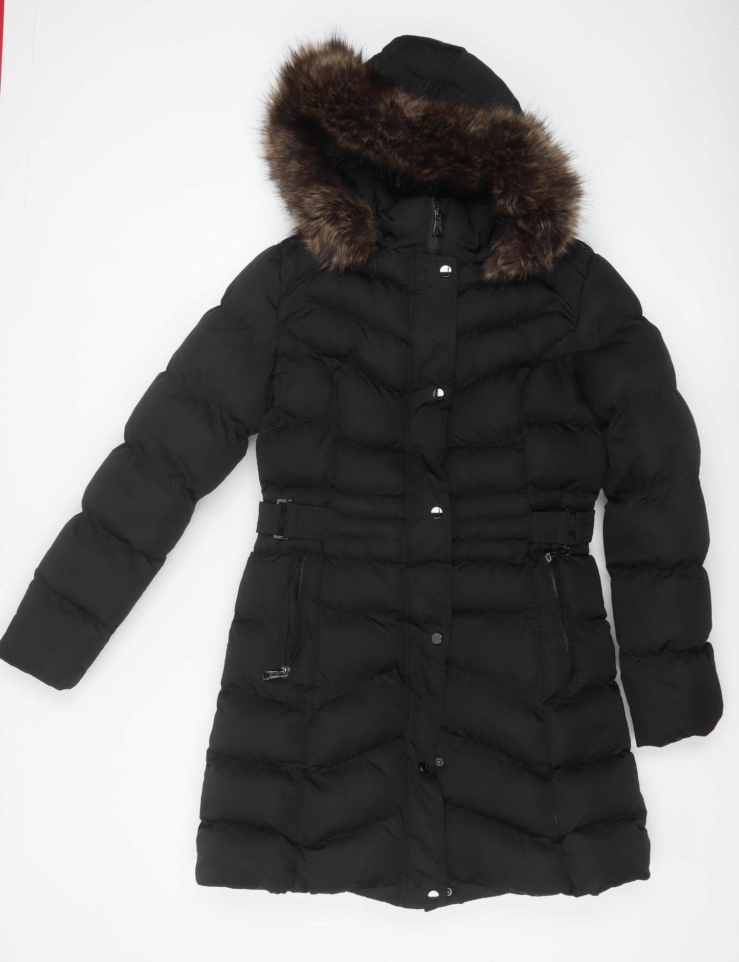 New Look Women's Black Long Puffer Coat Size 10 Hooded Belted Winter Jacket