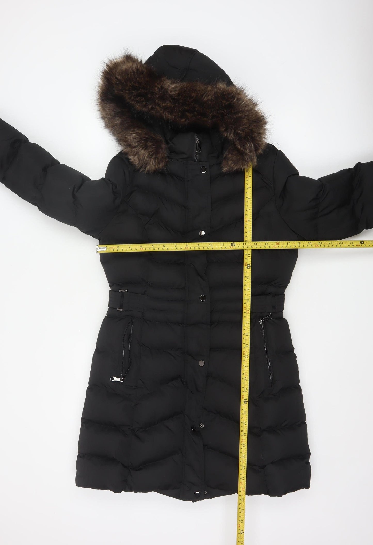 New Look Women's Black Long Puffer Coat Size 10 Hooded Belted Winter Jacket