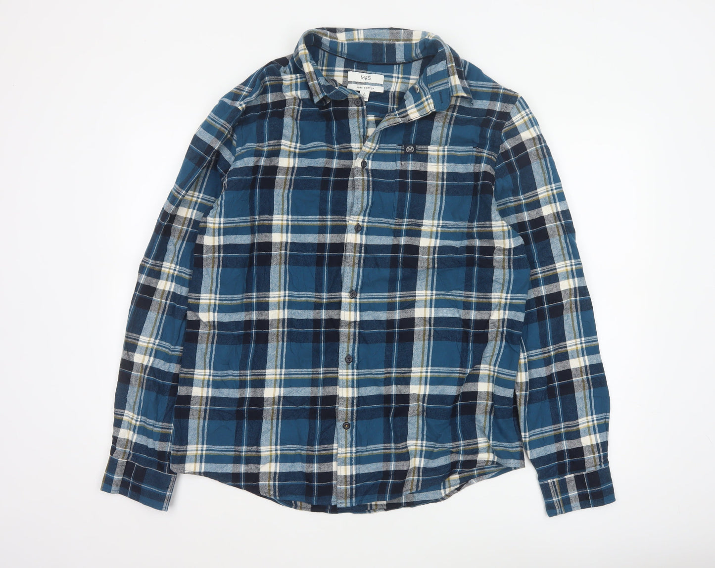 Marks and Spencer Men's Blue Plaid Flannel Cotton Long Sleeve Button-Up Shirt L Regular