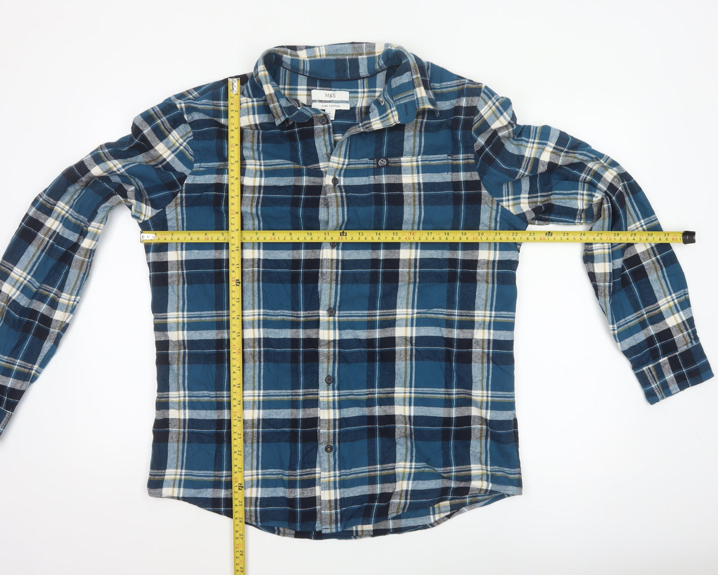 Marks and Spencer Men's Blue Plaid Flannel Cotton Long Sleeve Button-Up Shirt L Regular