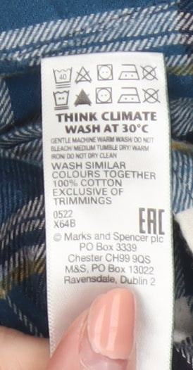 Marks and Spencer Men's Blue Plaid Flannel Cotton Long Sleeve Button-Up Shirt L Regular