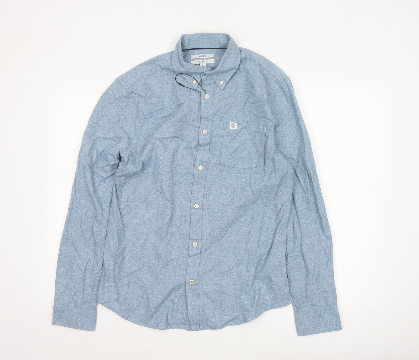 Marks and Spencer Men's Blue Cotton Button-Down Shirt S Regular Fit
