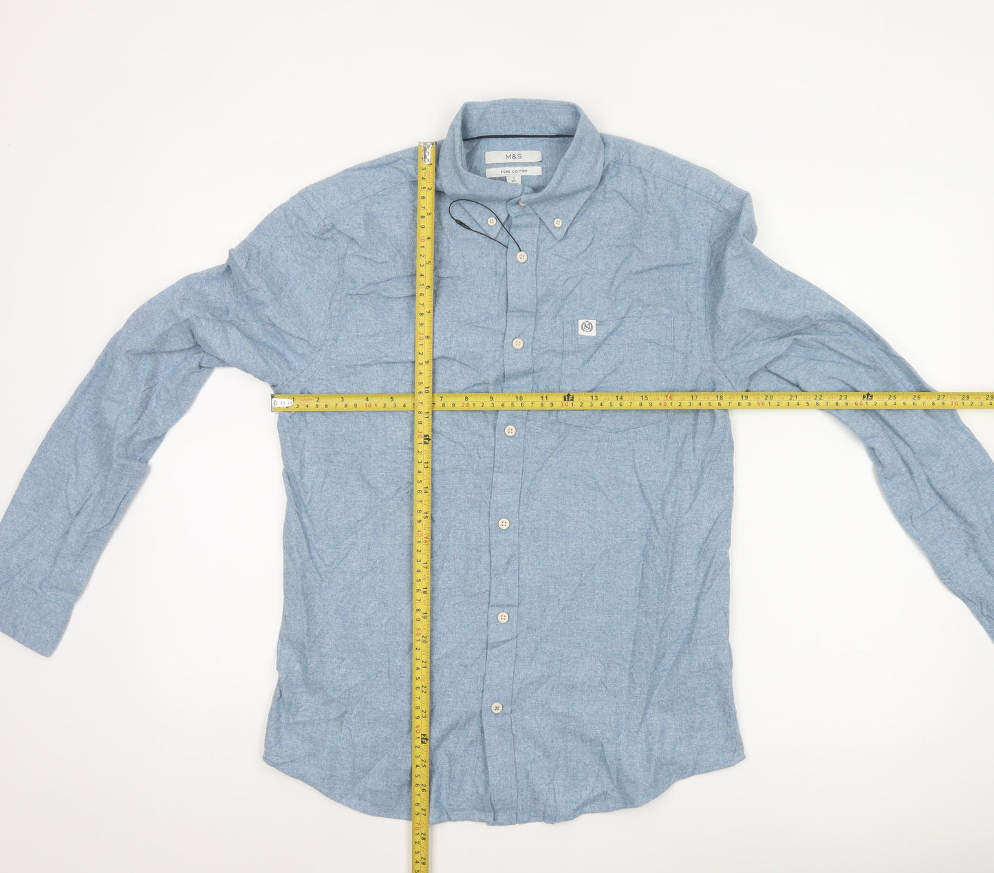 Marks and Spencer Men's Blue Cotton Button-Down Shirt S Regular Fit