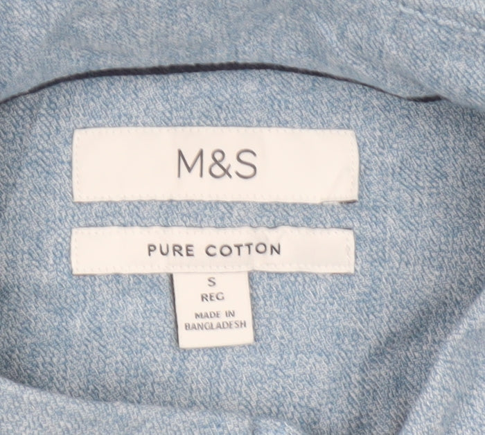 Marks and Spencer Men's Blue Cotton Button-Down Shirt S Regular Fit