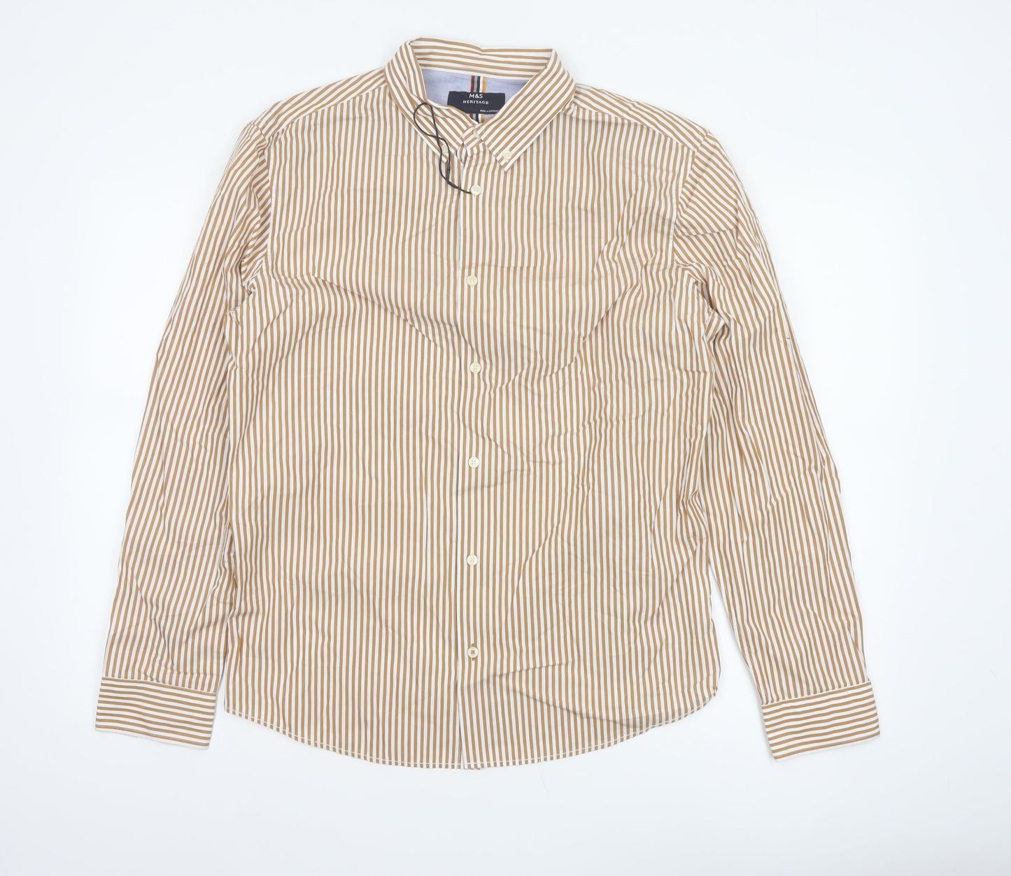 Marks and Spencer Men's Beige Striped Button-Up Shirt M Long Sleeve