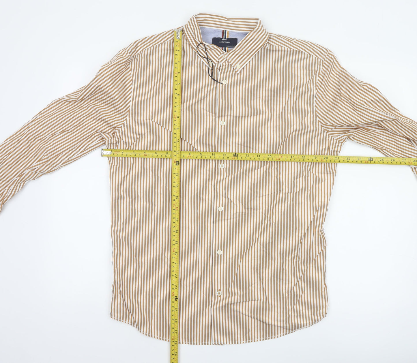 Marks and Spencer Men's Beige Striped Button-Up Shirt M Long Sleeve