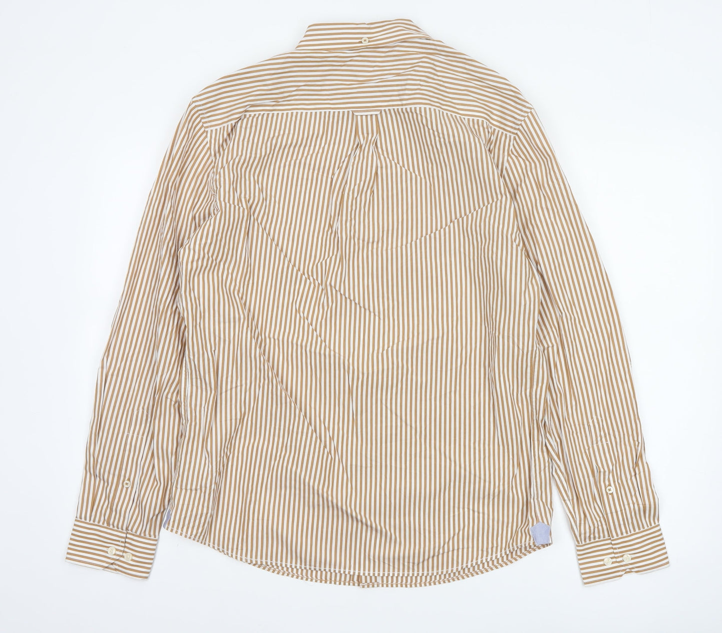 Marks and Spencer Men's Beige Striped Button-Up Shirt M Long Sleeve
