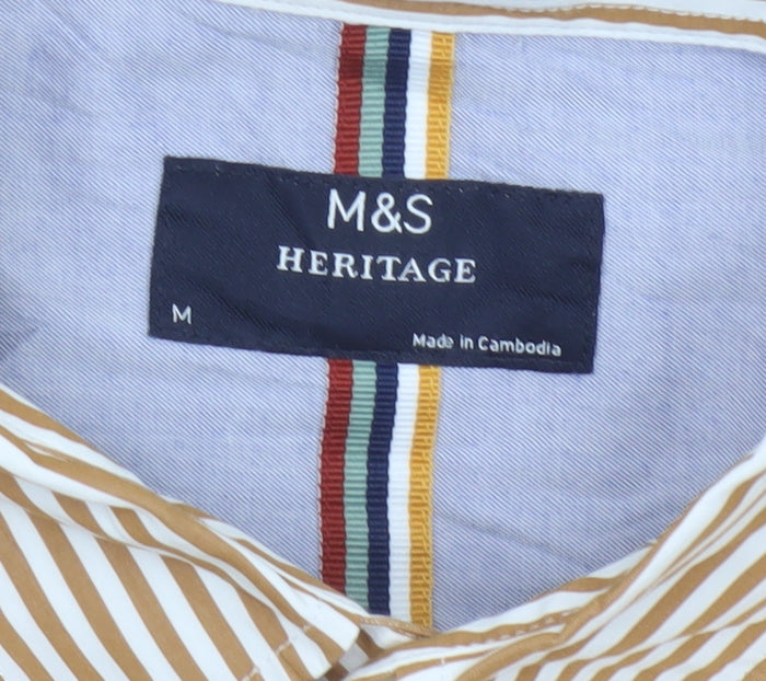 Marks and Spencer Men's Beige Striped Button-Up Shirt M Long Sleeve