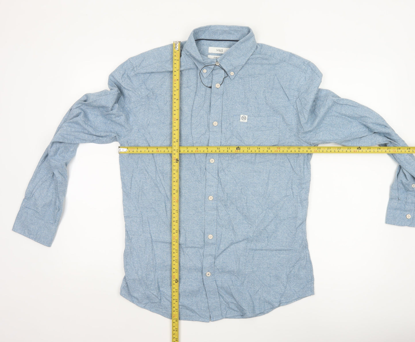 Marks and Spencer Men's Blue Regular Fit Cotton Button-Up Shirt S