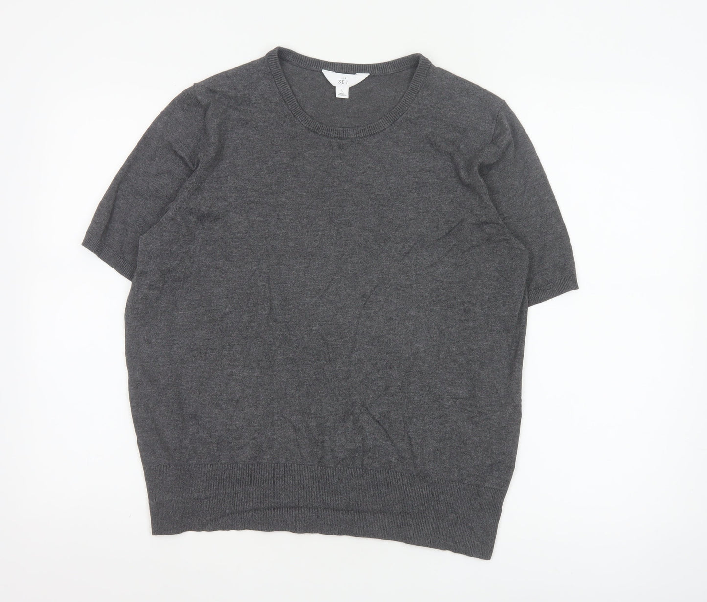 SET Women's Grey Short Sleeve Crew Neck Knit Jumper L