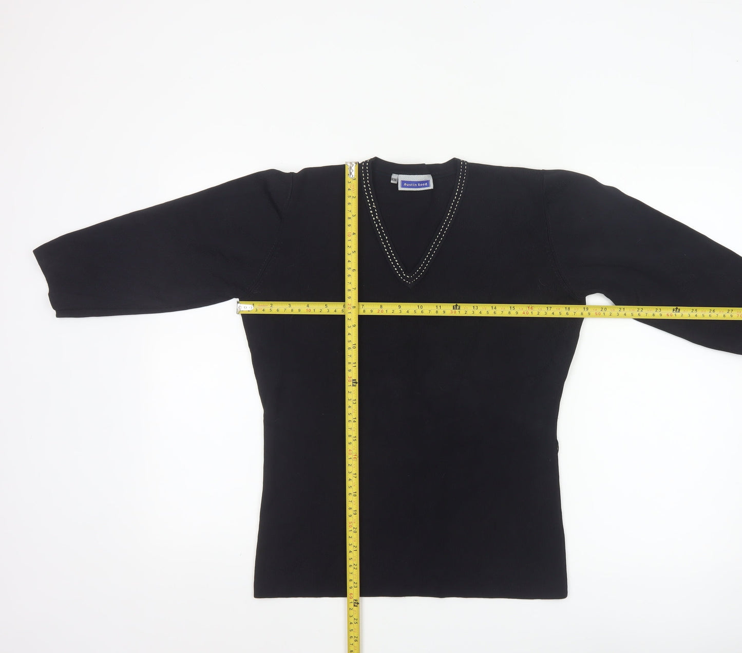 Austin Reed Women's Black V-Neck Beaded Trim Jumper Size L