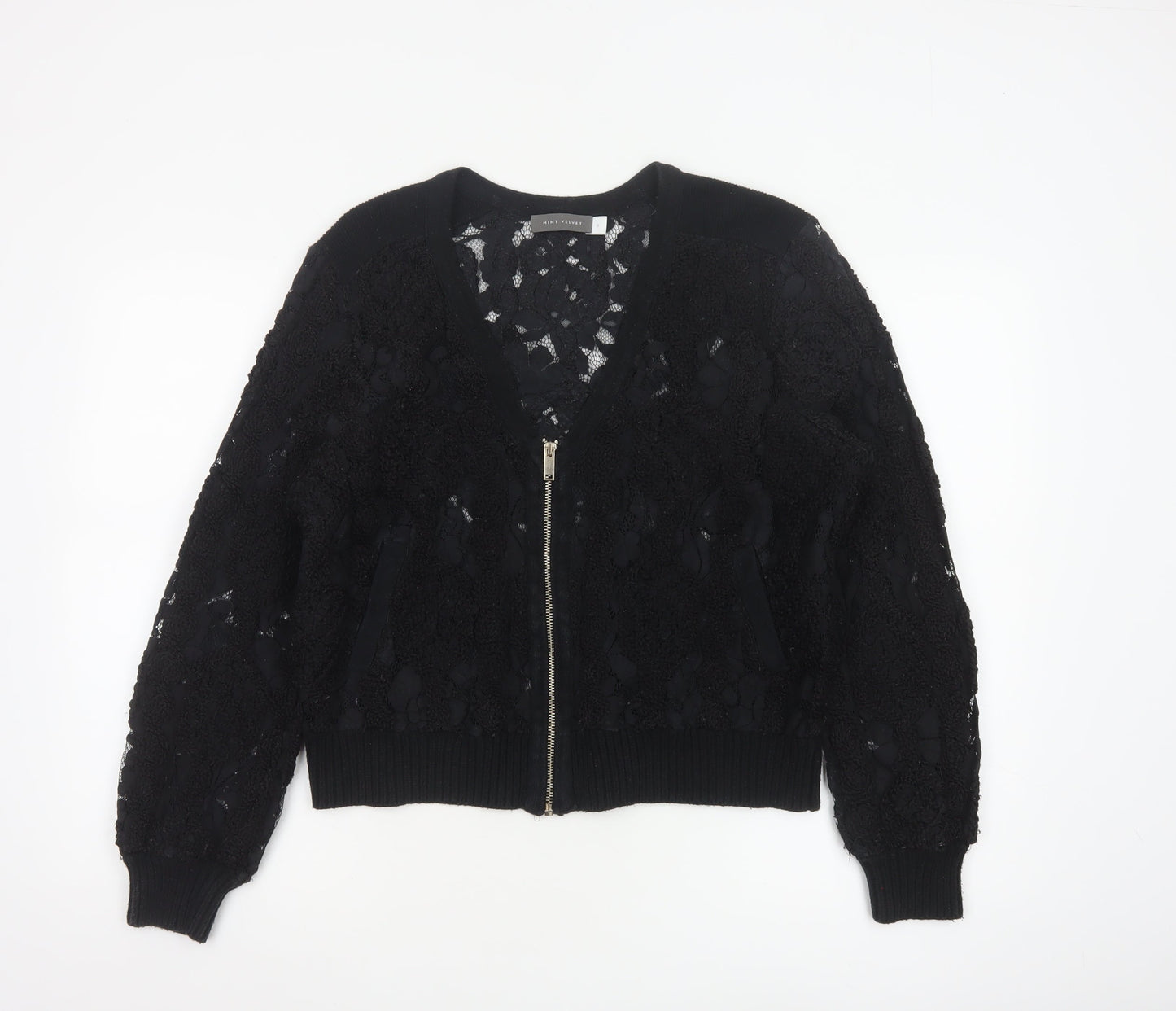 Mint Velvet Women Black Lace Bomber Jacket L Zip Casual Classic