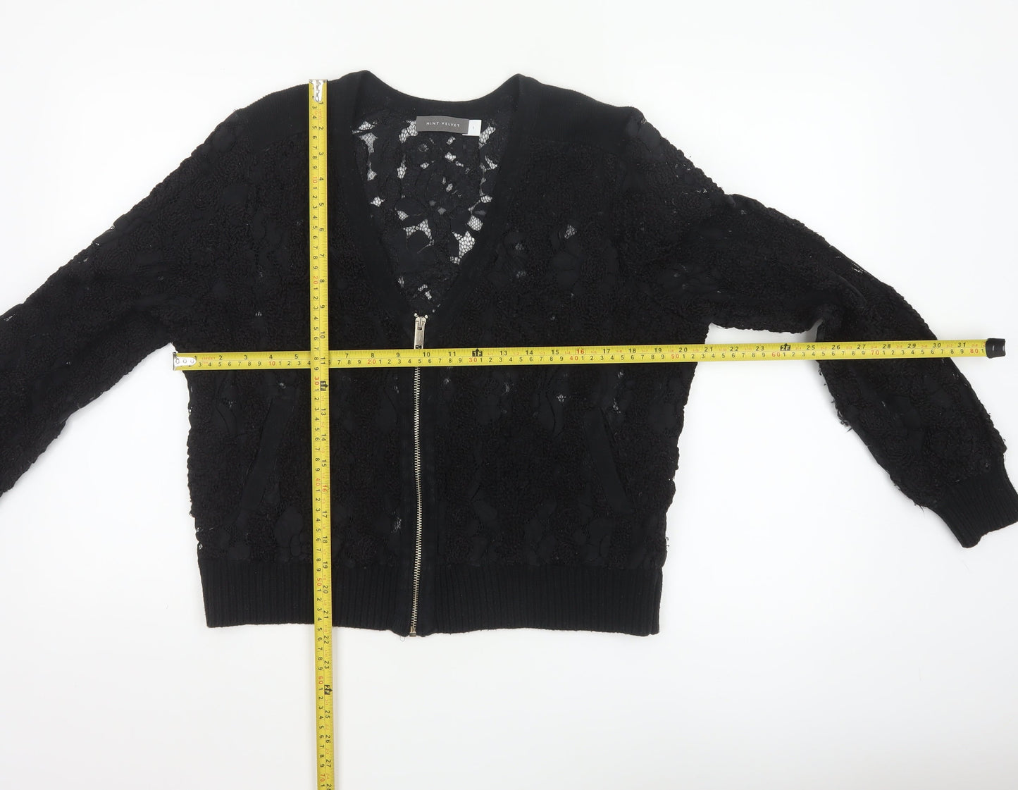 Mint Velvet Women Black Lace Bomber Jacket L Zip Casual Classic