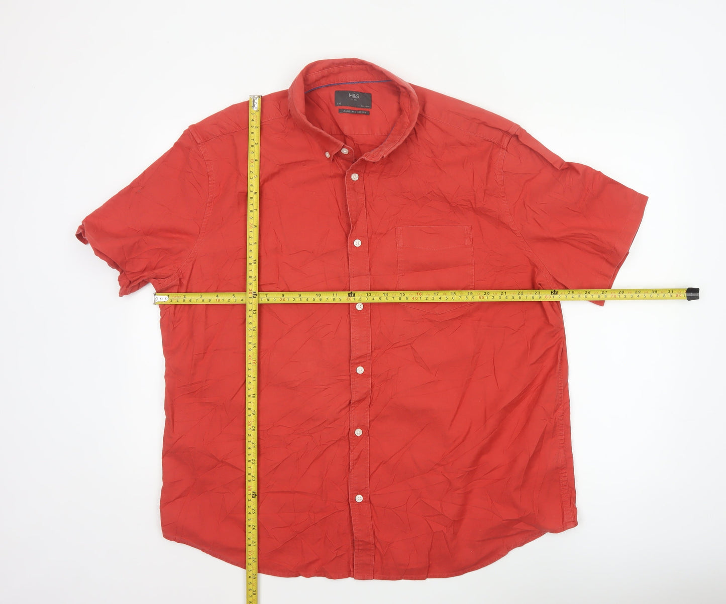 Marks and Spencer Men's Red 2XL Short Sleeve Oxford Button-Up Shirt