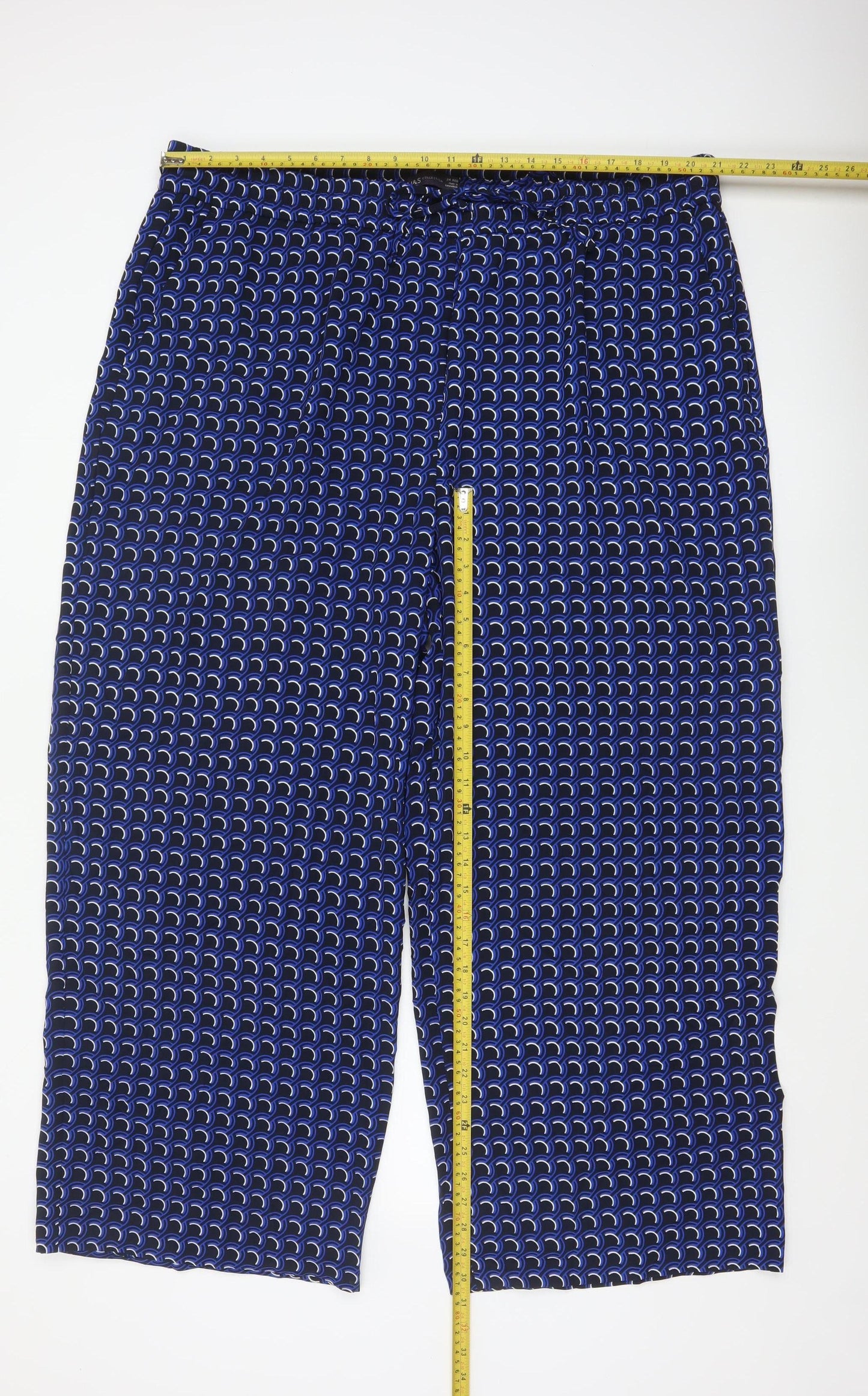 Marks and Spencer Women’s Blue Geometric Wide-Leg Trousers Size 24