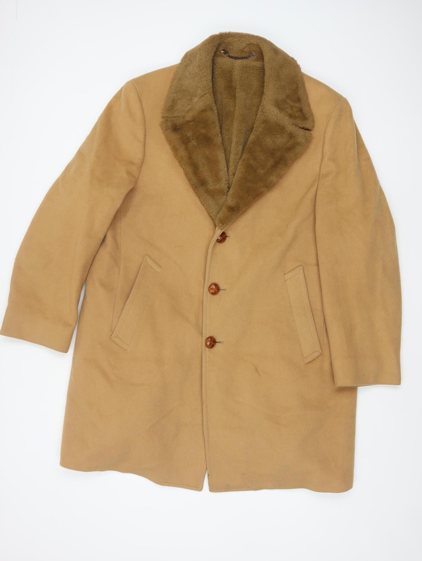 Zero King Women Beige Wool Overcoat with Fur Collar Size 14 Classic Style