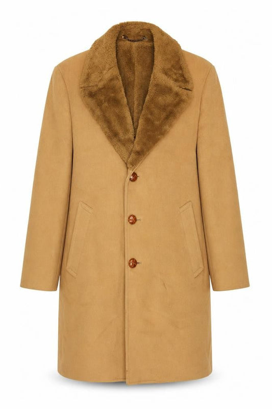 Zero King Women Beige Wool Overcoat with Fur Collar Size 14 Classic Style