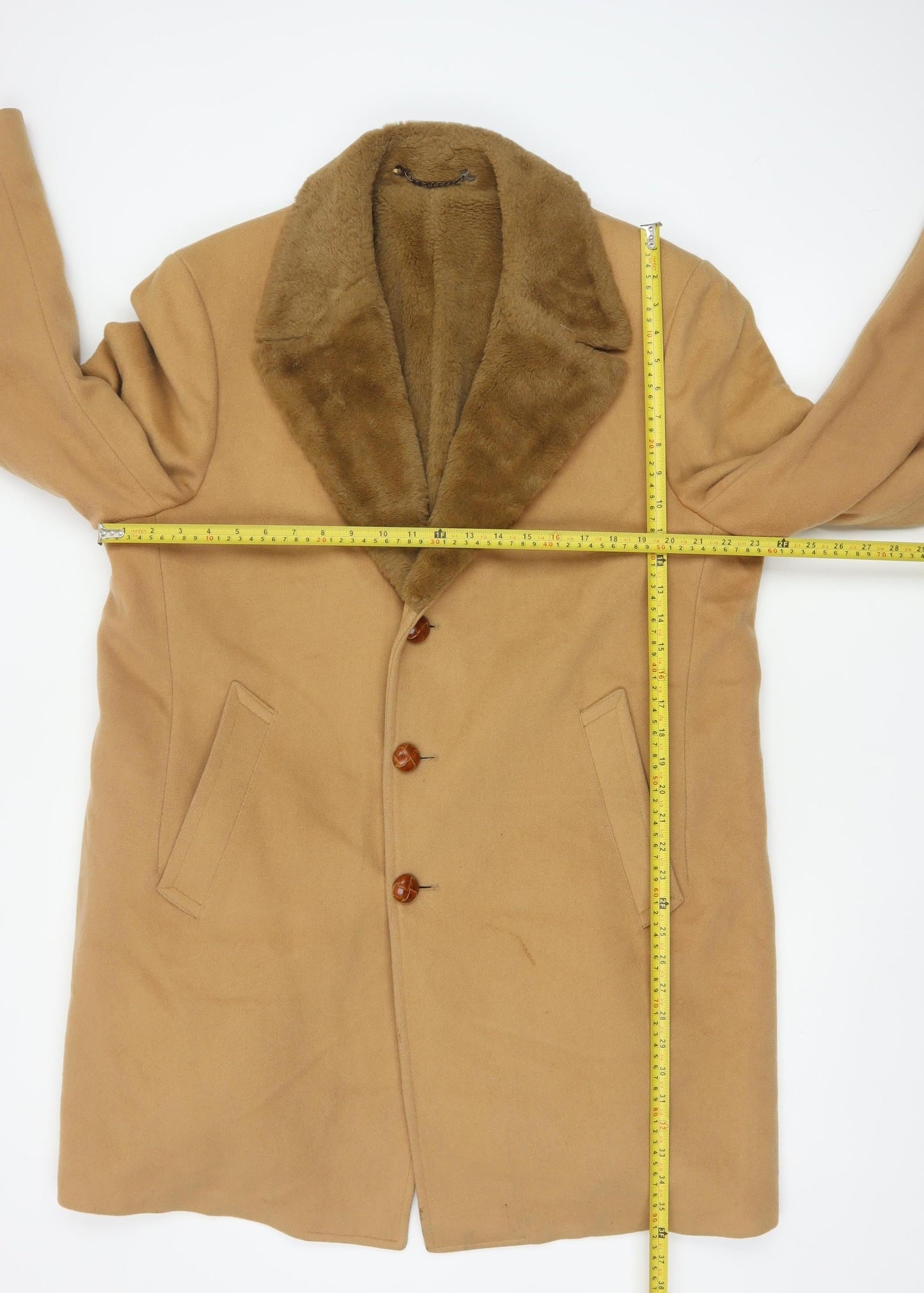 Zero King Women Beige Wool Overcoat with Fur Collar Size 14 Classic Style