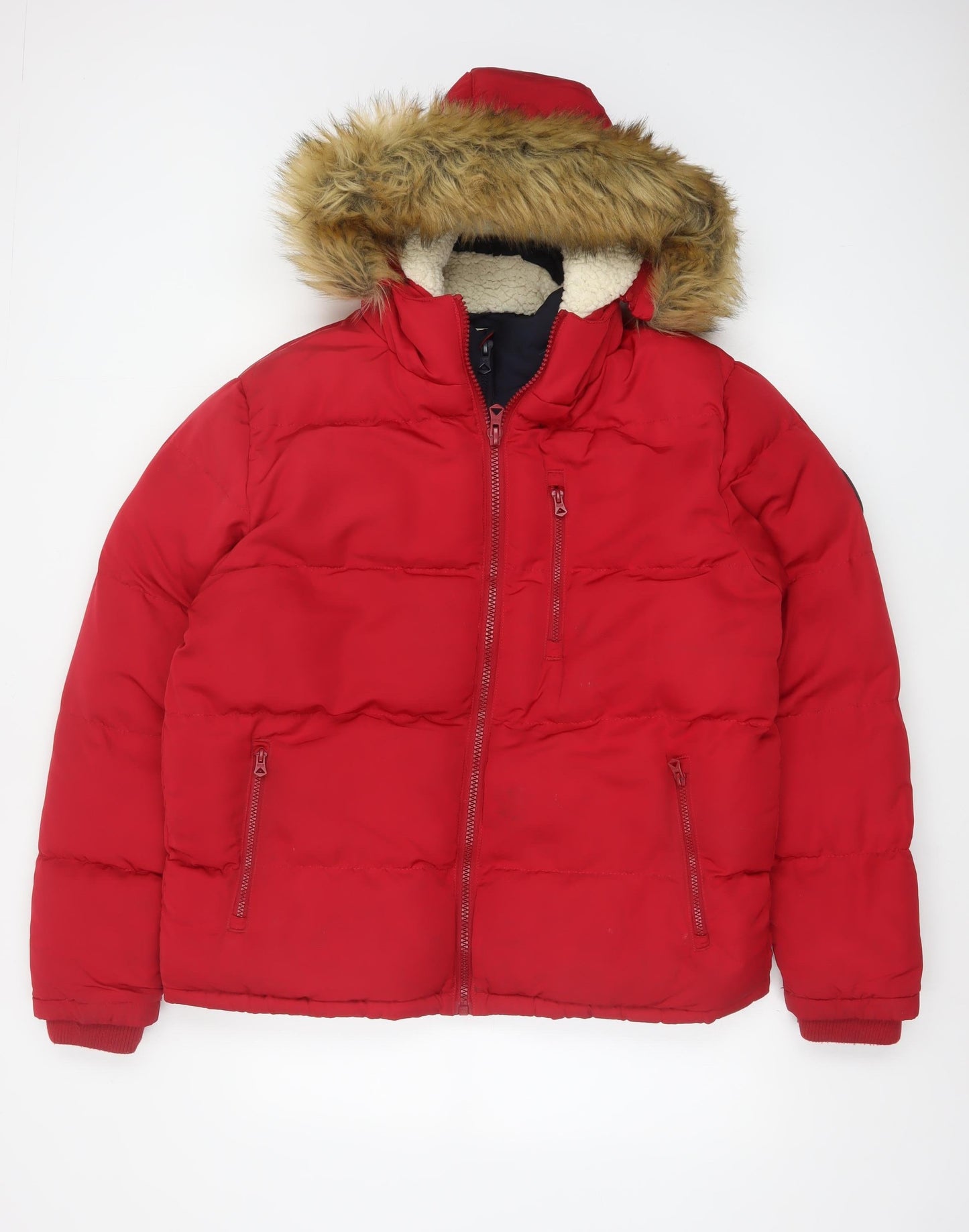 SoulCal & Co Mens Red L Puffer Jacket Hooded Faux Fur Winter Coat