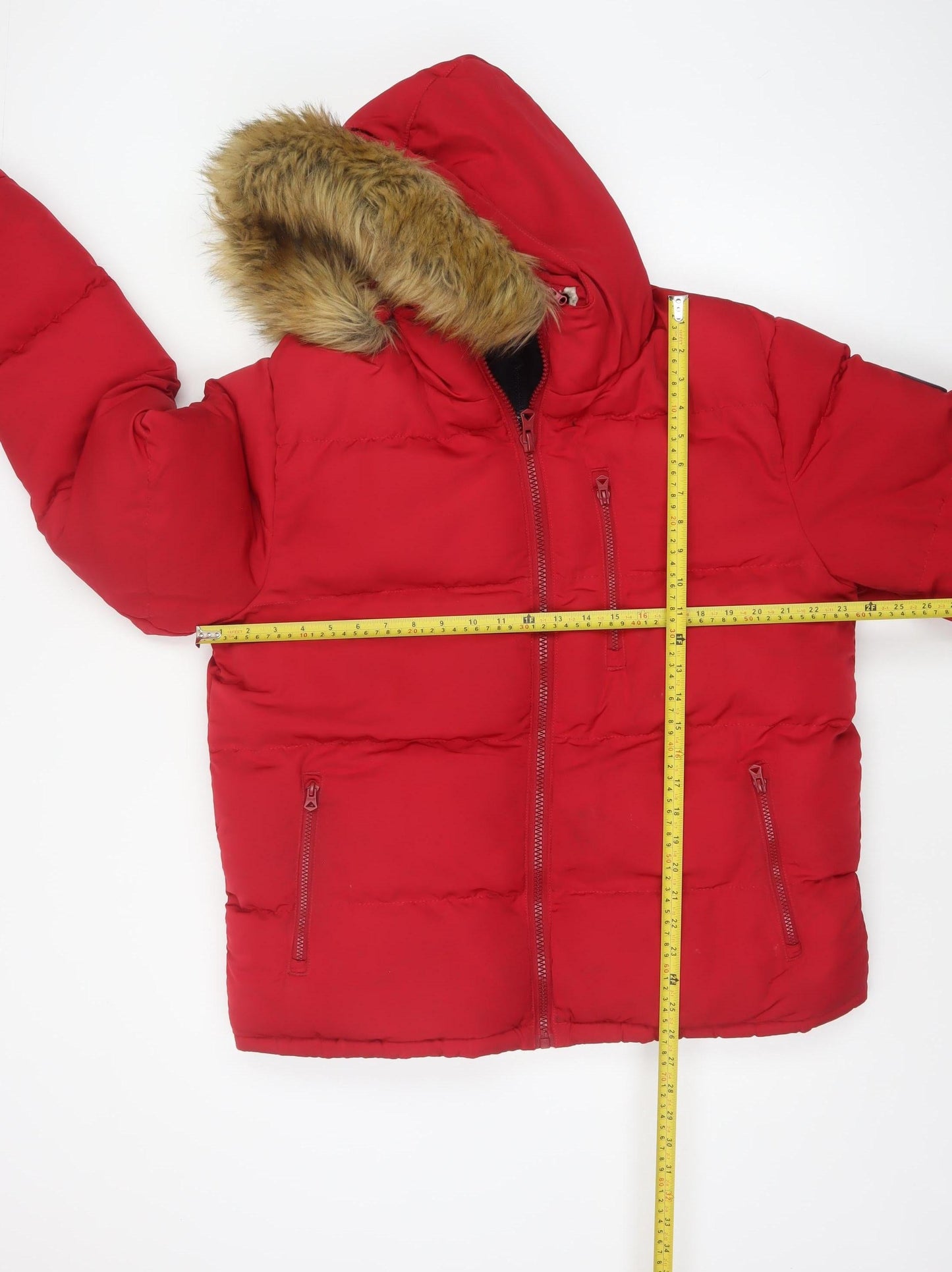SoulCal & Co Mens Red L Puffer Jacket Hooded Faux Fur Winter Coat