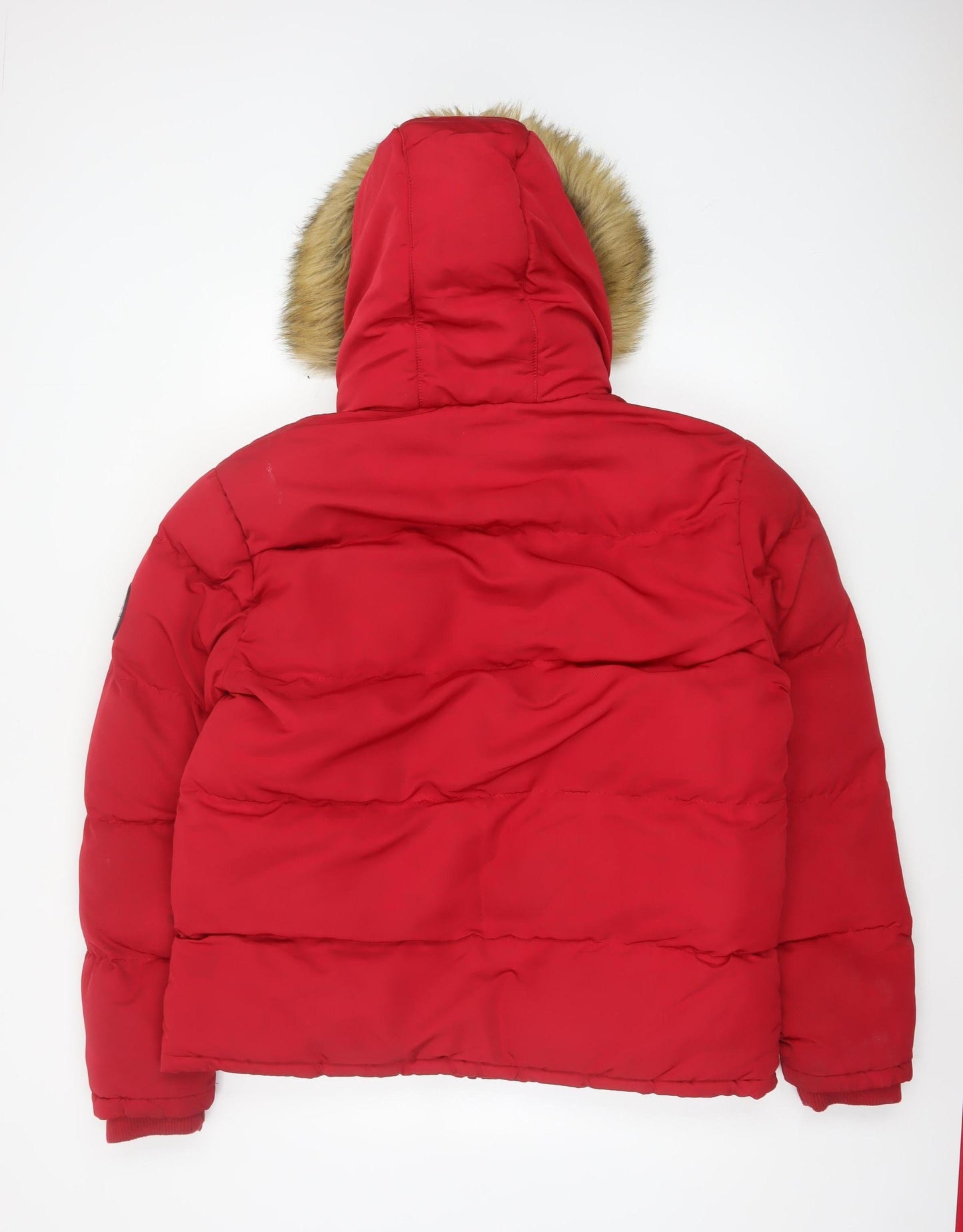 SoulCal & Co Mens Red L Puffer Jacket Hooded Faux Fur Winter Coat