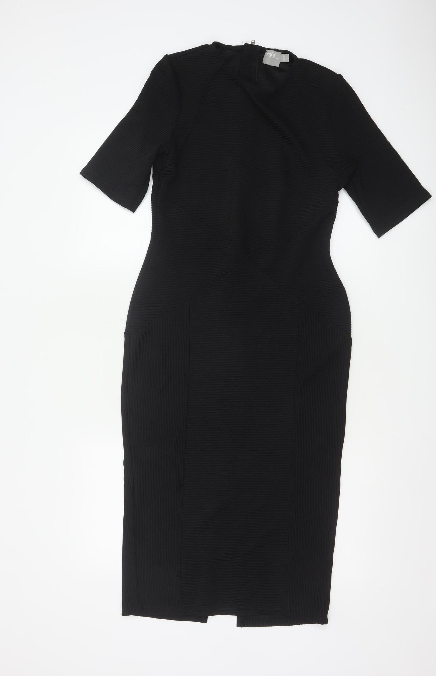 ASOS Women’s Black Midi Bodycon Dress Size 12 Zip Back Stretch