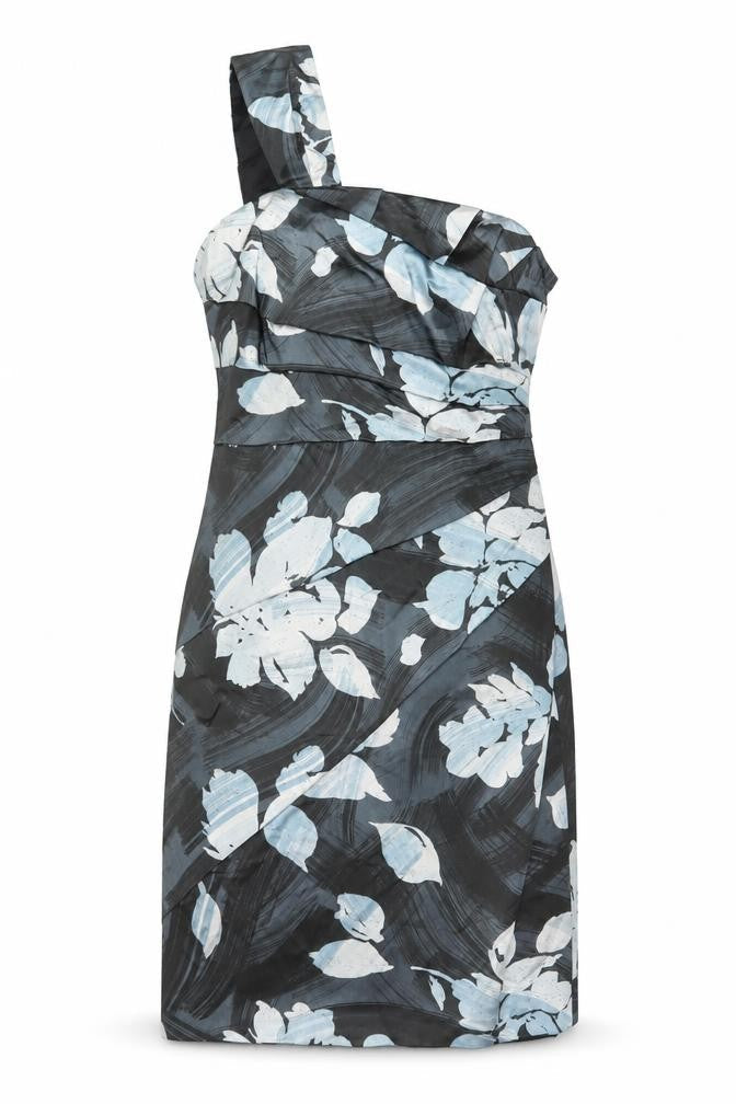 Coast Women Grey Floral One Shoulder Ruched Satin Dress Size 14