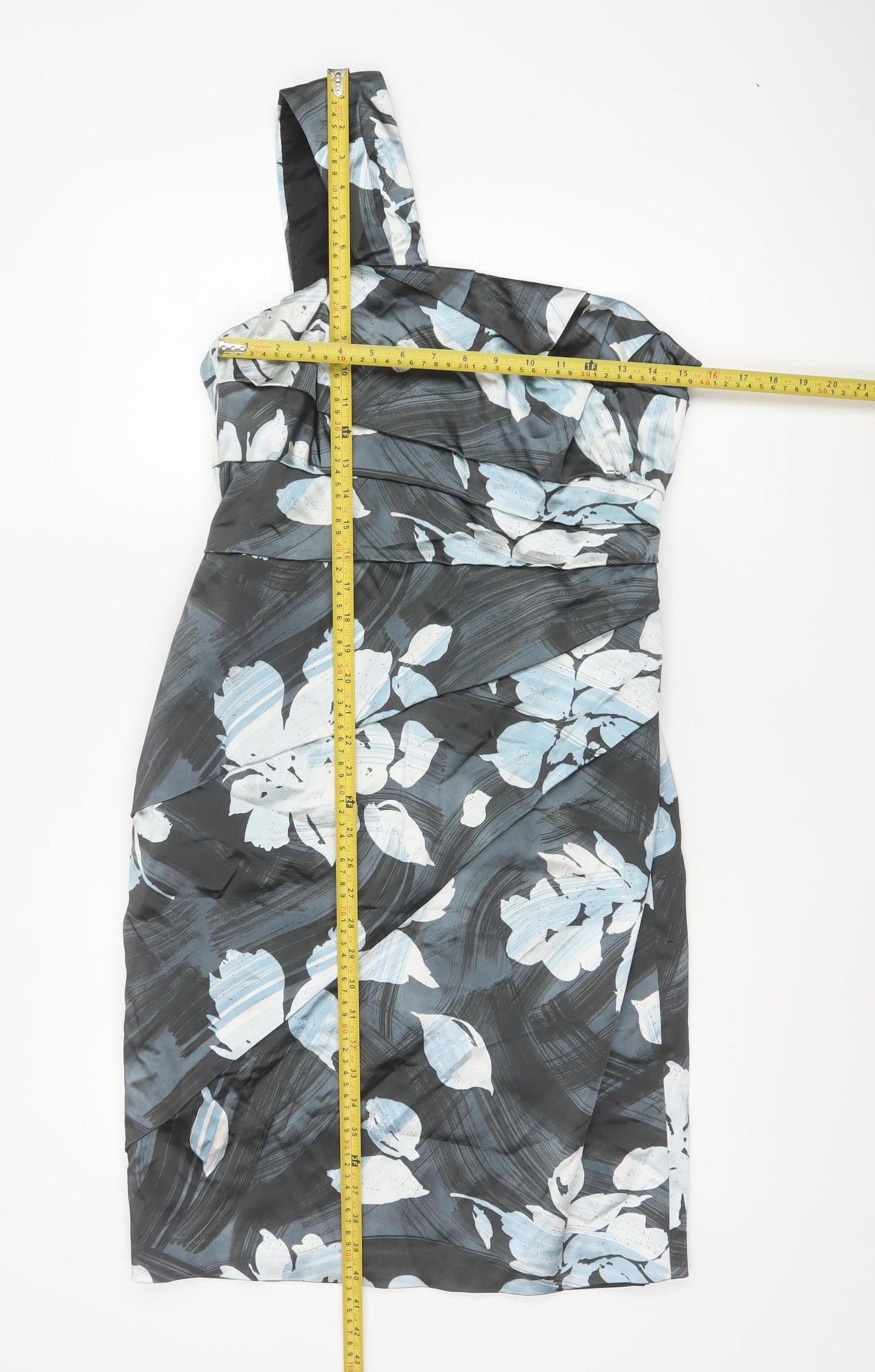 Coast Women Grey Floral One Shoulder Ruched Satin Dress Size 14