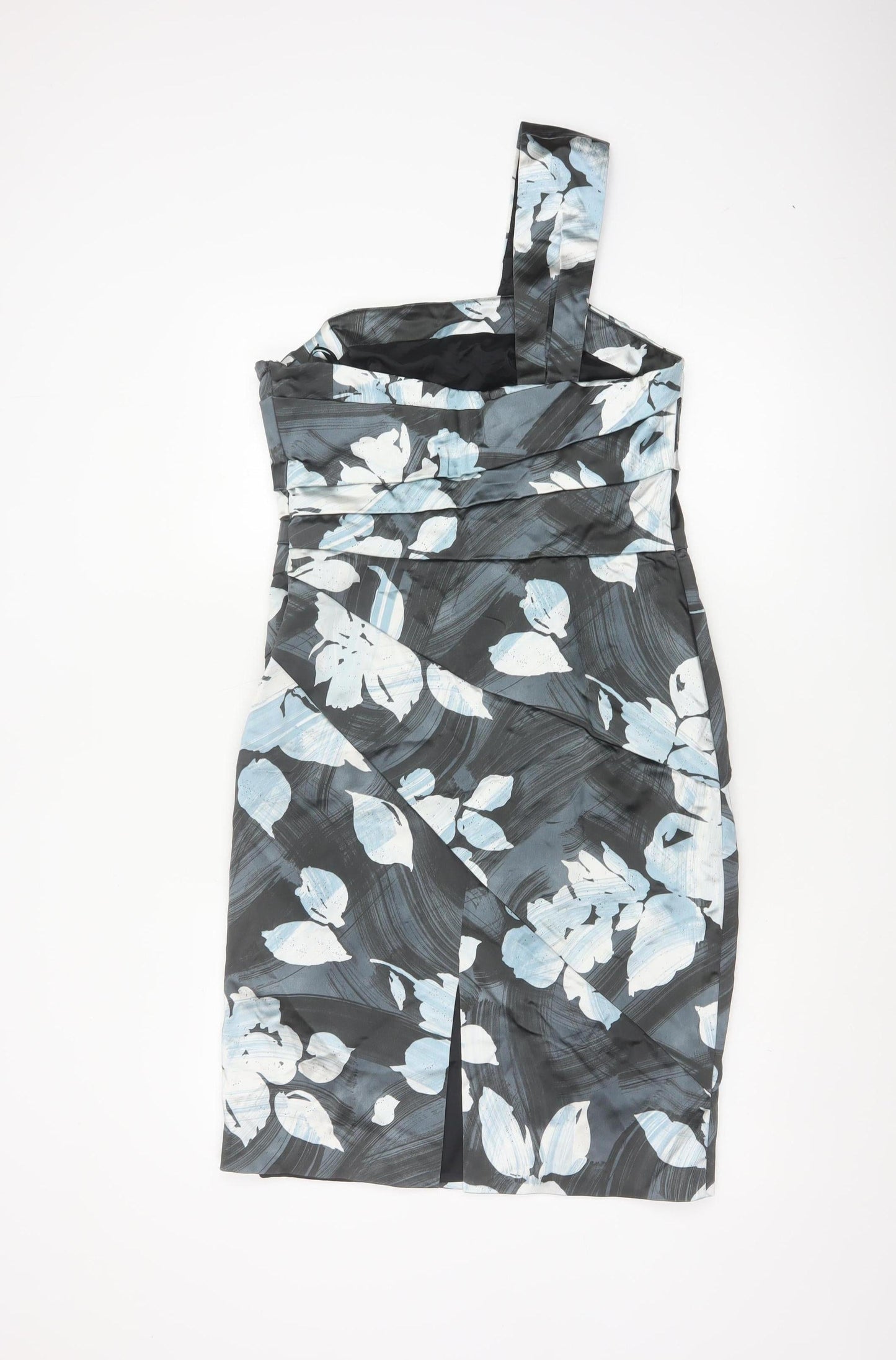 Coast Women Grey Floral One Shoulder Ruched Satin Dress Size 14