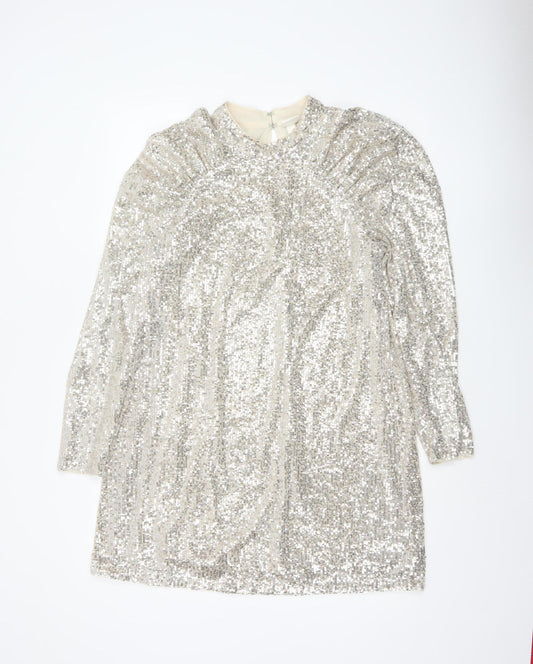 H&M Women Silver Sequin Short Shift Party Dress Size M