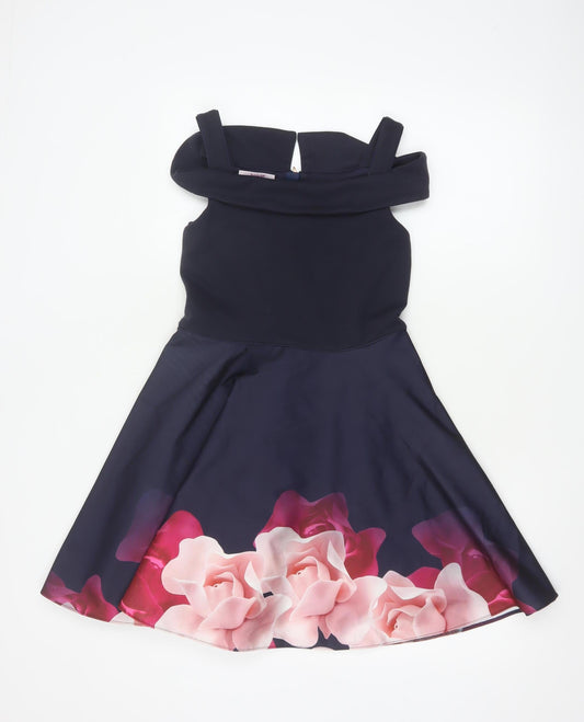 Ted Baker Girls Blue Floral Fit & Flare Party Dress Age 11 Off Shoulder