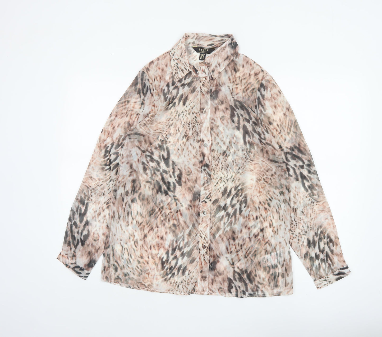 Lipsy Women Beige Animal Print Sheer Button-Up Blouse UK 8
