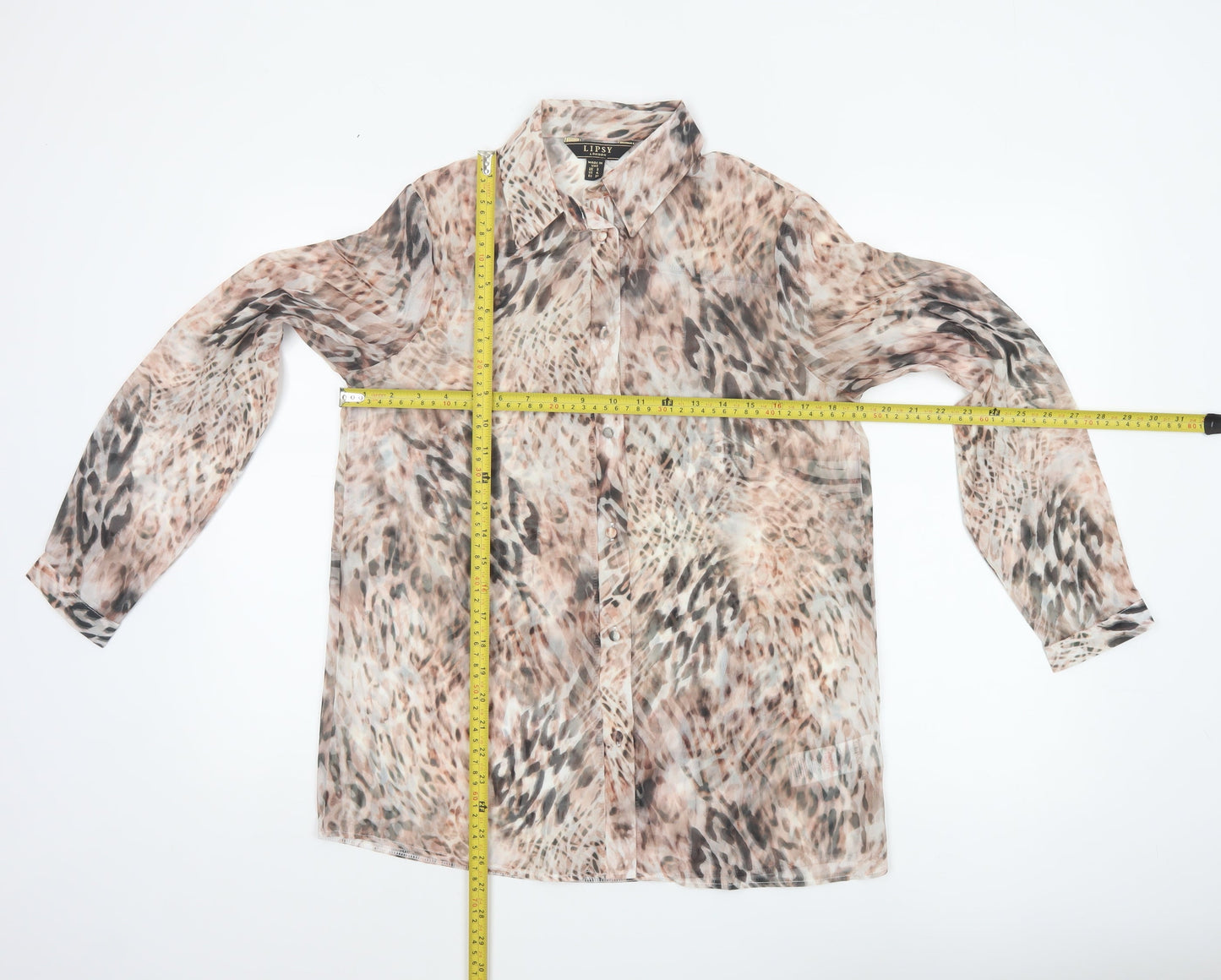 Lipsy Women Beige Animal Print Sheer Button-Up Blouse UK 8