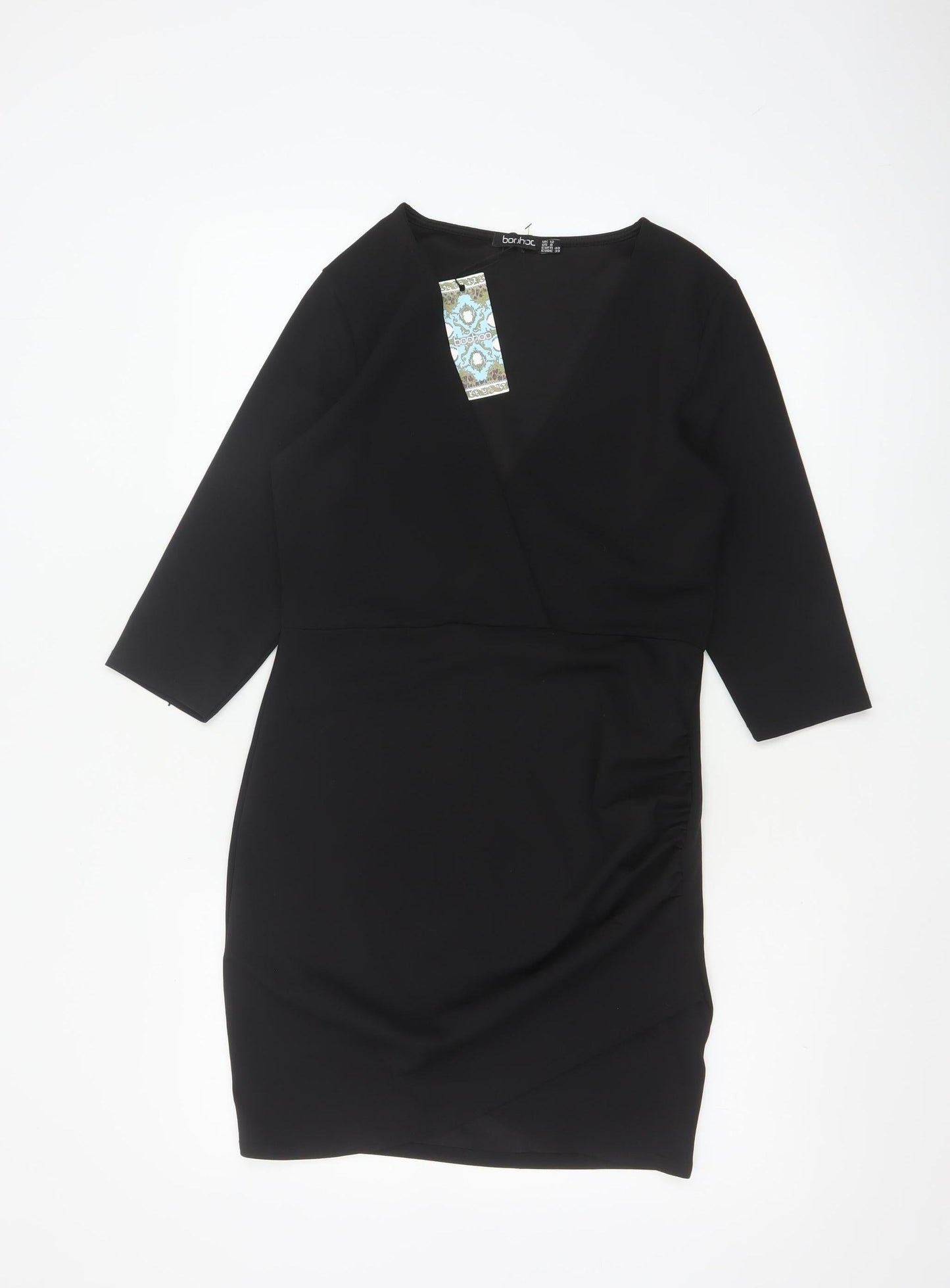 Boohoo Womens Black Size 12 Bodycon V-Neck 3/4 Sleeve Dress
