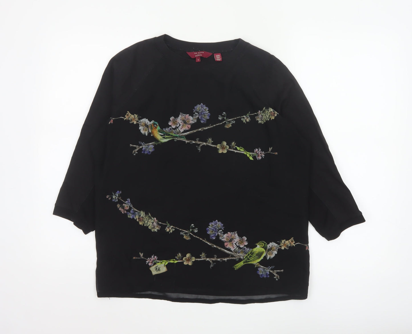 Ted Baker Women’s Black Floral Bird Tunic Blouse Size 12
