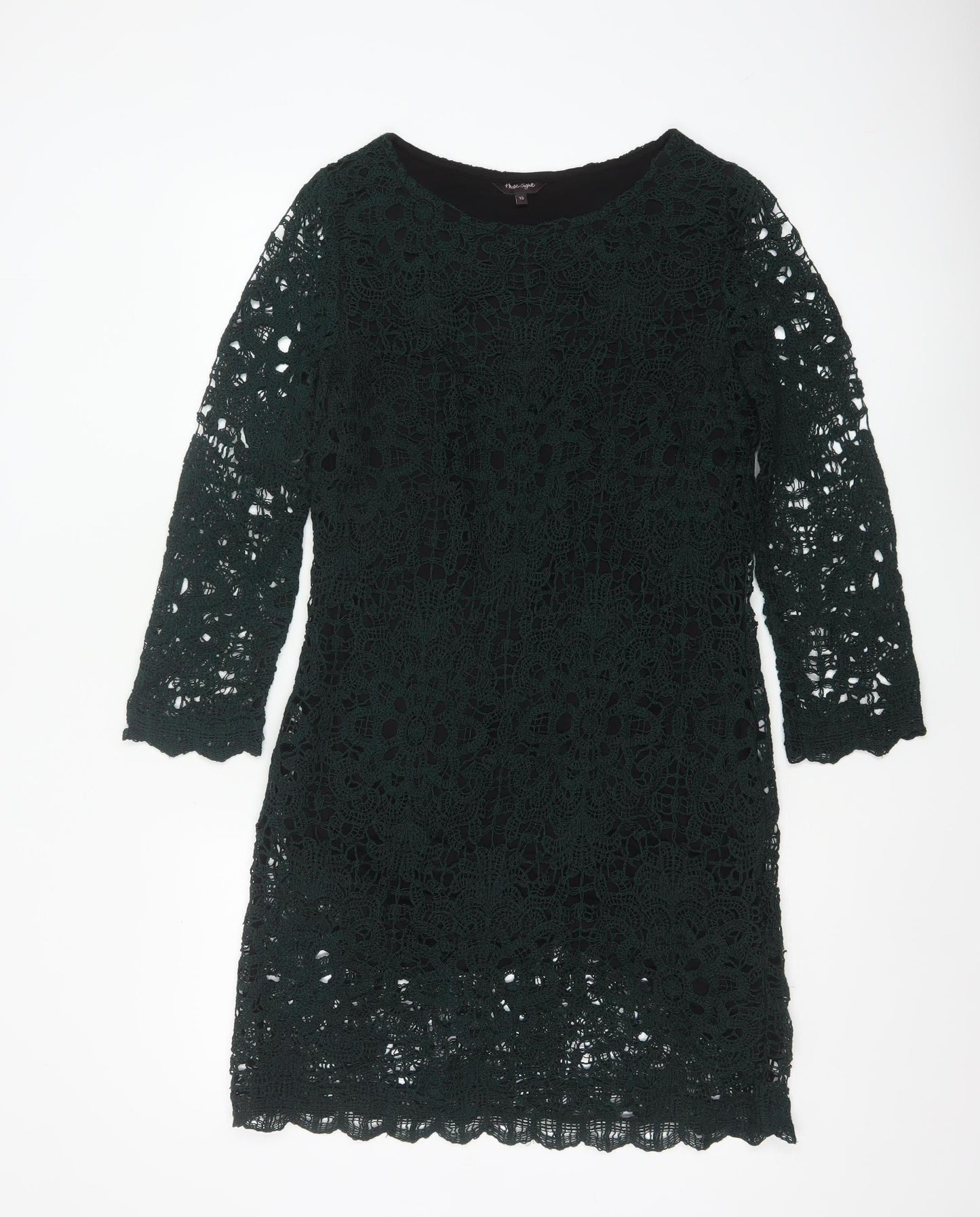 Phase Eight Women Green Crochet Shift Dress Size 12 Knee Length